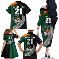Custom New Zealand Ireland Rugby Family Matching Off Shoulder Long Sleeve Dress and Hawaiian Shirt Warrior Black Fern and Shamrocks World Cup 2023 - Wonder Print Shop