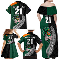 Custom New Zealand Ireland Rugby Family Matching Off Shoulder Maxi Dress and Hawaiian Shirt Warrior Black Fern and Shamrocks World Cup 2023 LT9 - Wonder Print Shop