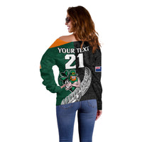 Custom New Zealand Ireland Rugby Off Shoulder Sweater Warrior Black Fern and Shamrocks World Cup 2023 - Wonder Print Shop