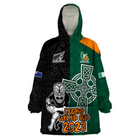 Custom New Zealand Ireland Rugby Wearable Blanket Hoodie Warrior Black Fern and Shamrocks World Cup 2023 - Wonder Print Shop