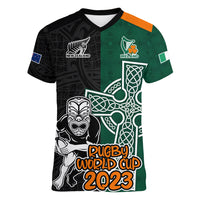 Custom New Zealand Ireland Rugby Women V Neck T Shirt Warrior Black Fern and Shamrocks World Cup 2023 - Wonder Print Shop