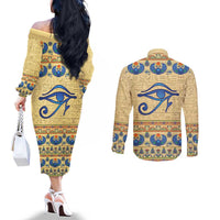 Ancient Egypt Scarab Beetle Couples Matching Off The Shoulder Long Sleeve Dress and Long Sleeve Button Shirt