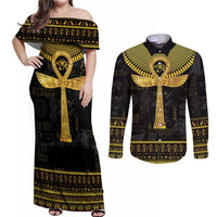 The Ankh Egyptian Hieroglyphs Couples Matching Off Shoulder Maxi Dress and Long Sleeve Button Shirt LT9 - Wonder Print Shop