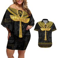 The Ankh Egyptian Hieroglyphs Couples Matching Off Shoulder Short Dress and Hawaiian Shirt LT9 - Wonder Print Shop
