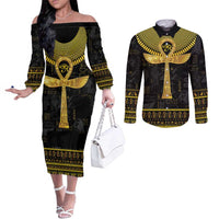 The Ankh Egyptian Hieroglyphs Couples Matching Off The Shoulder Long Sleeve Dress and Long Sleeve Button Shirt