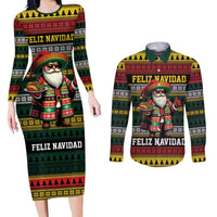 Mexican Santa Sombrero Couples Matching Long Sleeve Bodycon Dress and Long Sleeve Button Shirt Feliz Navidad Mexico - Wonder Print Shop