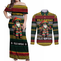 Mexican Santa Sombrero Couples Matching Off Shoulder Maxi Dress and Long Sleeve Button Shirt Feliz Navidad Mexico - Wonder Print Shop
