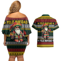 Mexican Santa Sombrero Couples Matching Off Shoulder Short Dress and Hawaiian Shirt Feliz Navidad Mexico - Wonder Print Shop
