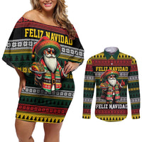 Mexican Santa Sombrero Couples Matching Off Shoulder Short Dress and Long Sleeve Button Shirt Feliz Navidad Mexico - Wonder Print Shop