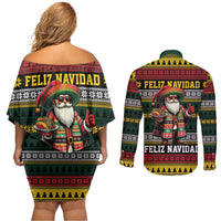 Mexican Santa Sombrero Couples Matching Off Shoulder Short Dress and Long Sleeve Button Shirt Feliz Navidad Mexico - Wonder Print Shop