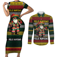 Mexican Santa Sombrero Couples Matching Short Sleeve Bodycon Dress and Long Sleeve Button Shirt Feliz Navidad Mexico - Wonder Print Shop