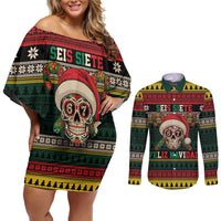 Mexican SEIS Siete 67 Meme Couples Matching Off Shoulder Short Dress and Long Sleeve Button Shirt Feliz Navidad Mexico - Wonder Print Shop