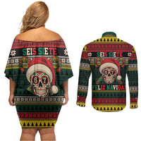 Mexican SEIS Siete 67 Meme Couples Matching Off Shoulder Short Dress and Long Sleeve Button Shirt Feliz Navidad Mexico - Wonder Print Shop