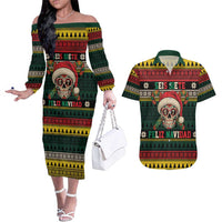 Mexican SEIS Siete 67 Meme Couples Matching Off The Shoulder Long Sleeve Dress and Hawaiian Shirt Feliz Navidad Mexico - Wonder Print Shop
