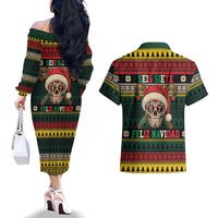 Mexican SEIS Siete 67 Meme Couples Matching Off The Shoulder Long Sleeve Dress and Hawaiian Shirt Feliz Navidad Mexico - Wonder Print Shop