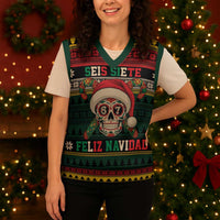 Mexican SEIS Siete 67 Meme Christmas Knitted V-Neck Vest Feliz Navidad Mexico - Wonder Print Shop