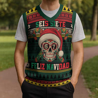 Mexican SEIS Siete 67 Meme Christmas Knitted V-Neck Vest Feliz Navidad Mexico - Wonder Print Shop
