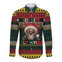 Mexican SEIS Siete 67 Meme Long Sleeve Button Shirt Feliz Navidad Mexico - Wonder Print Shop