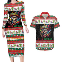 Mexican Sugar Skull Couples Matching Long Sleeve Bodycon Dress and Hawaiian Shirt Feliz Navidad Mexico - Wonder Print Shop