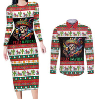 Mexican Sugar Skull Couples Matching Long Sleeve Bodycon Dress and Long Sleeve Button Shirt Feliz Navidad Mexico - Wonder Print Shop
