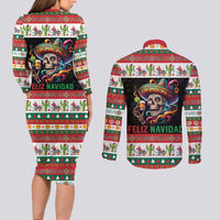 Mexican Sugar Skull Couples Matching Long Sleeve Bodycon Dress and Long Sleeve Button Shirt Feliz Navidad Mexico - Wonder Print Shop