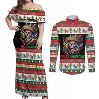 Mexican Sugar Skull Couples Matching Off Shoulder Maxi Dress and Long Sleeve Button Shirt Feliz Navidad Mexico - Wonder Print Shop