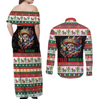 Mexican Sugar Skull Couples Matching Off Shoulder Maxi Dress and Long Sleeve Button Shirt Feliz Navidad Mexico - Wonder Print Shop