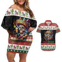 Mexican Sugar Skull Couples Matching Off Shoulder Short Dress and Hawaiian Shirt Feliz Navidad Mexico - Wonder Print Shop