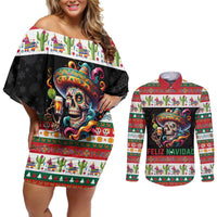 Mexican Sugar Skull Couples Matching Off Shoulder Short Dress and Long Sleeve Button Shirt Feliz Navidad Mexico - Wonder Print Shop
