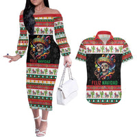 Mexican Sugar Skull Couples Matching Off The Shoulder Long Sleeve Dress and Hawaiian Shirt Feliz Navidad Mexico - Wonder Print Shop