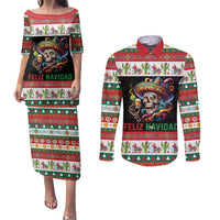 Mexican Sugar Skull Couples Matching Puletasi and Long Sleeve Button Shirt Feliz Navidad Mexico - Wonder Print Shop