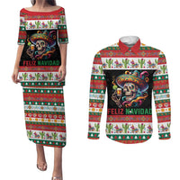 Mexican Sugar Skull Couples Matching Puletasi and Long Sleeve Button Shirt Feliz Navidad Mexico - Wonder Print Shop