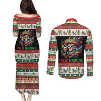 Mexican Sugar Skull Couples Matching Puletasi and Long Sleeve Button Shirt Feliz Navidad Mexico - Wonder Print Shop