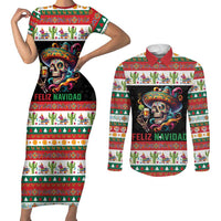 Mexican Sugar Skull Couples Matching Short Sleeve Bodycon Dress and Long Sleeve Button Shirt Feliz Navidad Mexico - Wonder Print Shop