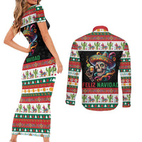 Mexican Sugar Skull Couples Matching Short Sleeve Bodycon Dress and Long Sleeve Button Shirt Feliz Navidad Mexico - Wonder Print Shop