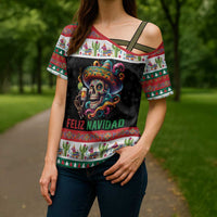 Mexican Sugar Skull Cross Shoulder Shirt Feliz Navidad Mexico - Wonder Print Shop