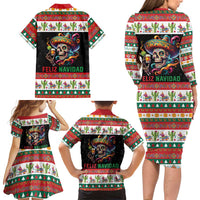 Mexican Sugar Skull Family Matching Long Sleeve Bodycon Dress and Hawaiian Shirt Feliz Navidad Mexico - Wonder Print Shop