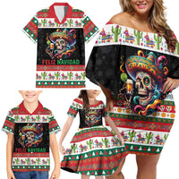 Mexican Sugar Skull Family Matching Off Shoulder Short Dress and Hawaiian Shirt Feliz Navidad Mexico - Wonder Print Shop