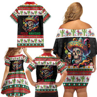 Mexican Sugar Skull Family Matching Off Shoulder Short Dress and Hawaiian Shirt Feliz Navidad Mexico - Wonder Print Shop