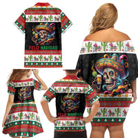 Mexican Sugar Skull Family Matching Off Shoulder Short Dress and Hawaiian Shirt Feliz Navidad Mexico - Wonder Print Shop