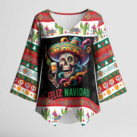 Mexican Sugar Skull Kimono Sleeve Blouse Feliz Navidad Mexico - Wonder Print Shop