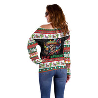 Mexican Sugar Skull Off Shoulder Sweater Feliz Navidad Mexico - Wonder Print Shop