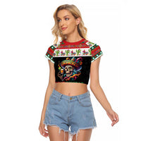 Mexican Sugar Skull Raglan Cropped T Shirt Feliz Navidad Mexico - Wonder Print Shop