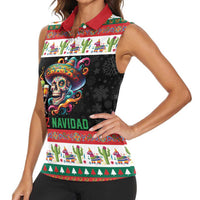 Mexican Sugar Skull Women Sleeveless Polo Shirt Feliz Navidad Mexico - Wonder Print Shop