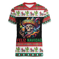 Mexican Sugar Skull Women V-Neck T-Shirt Feliz Navidad Mexico - Wonder Print Shop