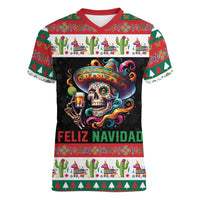 Mexican Sugar Skull Women V-Neck T-Shirt Feliz Navidad Mexico - Wonder Print Shop