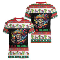 Mexican Sugar Skull Women V-Neck T-Shirt Feliz Navidad Mexico - Wonder Print Shop