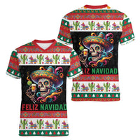 Mexican Sugar Skull Women V-Neck T-Shirt Feliz Navidad Mexico - Wonder Print Shop
