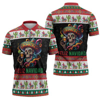 Mexican Sugar Skull Zipper Polo Shirt Feliz Navidad Mexico - Wonder Print Shop