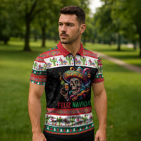 Mexican Sugar Skull Zipper Polo Shirt Feliz Navidad Mexico - Wonder Print Shop